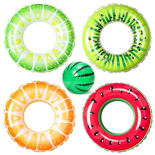YINGENIVA Aufblasbare Schwimmringe Set 4 Stück, 76cm Obst Design | Pool Floats mit Wasserball, Dickes PVC Sicher Schwimmhilfen für Kinder Erwachsene Strand Schwimmbad Sommer Party