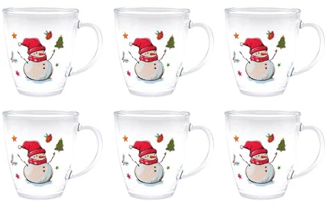 STEINWOHN 6er Set Kinderpunsch- & Glühweingläser 350 ml dickwandiges Qualitätsglas Mikrowellengeeignet – Weihnachtsgläser mit Henkel (Schneemann)