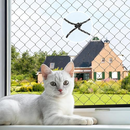 Cat Netting with Steel Wire - 4x3m Balcony Cat Protect Net, Balcony Netting for Cats Including Fastening Set, Weatherproof and Durable, Ideal for Catio Cats Outdoor Enclosures and Window Guard