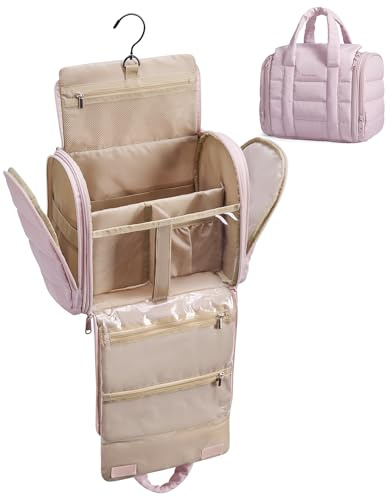 BAGSMART Large Hanging Toiletry Bag for Travel with Removable Divider | Women's Wash Makeup Bag for Full Size Toiletries, Cosmetics, with 360° Hook, Wet Pocket, Multi Compartment, Puffy, Pink