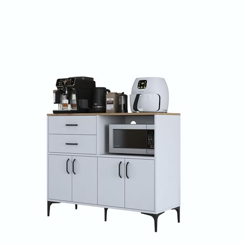 Modern Coffee Stand with Wall-Mount Option, Walnut & White, 120 x 98.6 x 45 cm | 100% Melamine Coated E1 Chipboard, 18 mm Thick | Stylish Storage Solution