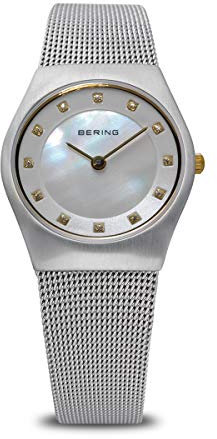 BERING Damen Quarz Uhr | Armbanduhr 27 mm silbernes Edelstahlgehäuse und silbernes Zifferblatt | Milanaisearmband | Saphierglas | 5 ATM | 11927-004