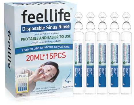 FEELLIFE Nasendusche Meerwasser, Nasenspülsalz Nasendusche Nasenspray Kinder Erwachsene, Nasenspülung Meersalzwasser, Natürlich ohne Zusatzstoffe Nasendusche Salzlösung Einweg Flasche 20ml x15 Stück
