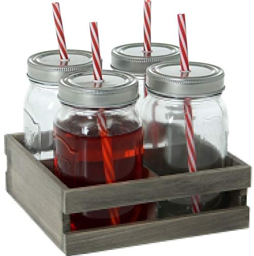 DONREGALOWEB Set 4 Flaschen mit Strohhalm für Mojito, Halterung 18 cm x 18 cm