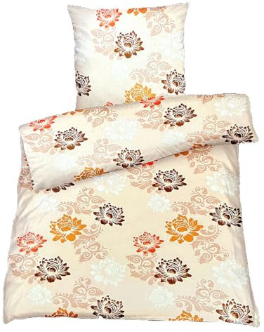Hochwertige Biber Bettwäsche Baumwolle Blumen Beige Orange 155x220 80x80 Set 2tlg