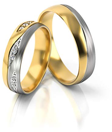 JC Trauringe Gold 585 Paarpreis Bicolor Gelbgold Weißgold I Eheringe breit 5 mm I Edle Partnerringe mit Gravur in edler Schatulle I 2 Hochzeitsringe Herrenring ohne & Damenring mit Steinen I PL287