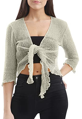 Love My Fashions® Women’s Fish Net Knitted Tie Up Bolero Shrug Top Ladies 3/4 Sleeve One Size Fits All Ivory