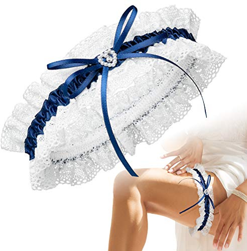 JK Trade Strumpfband Hochzeit Einheitsgröße, Dunkelblau, Herz Glitzer-Stein | Handgefertigt, 30-62cm, rutschfest, elastisch, etwas Blaues für die Braut, Brautgeschenk, Brautzubehör