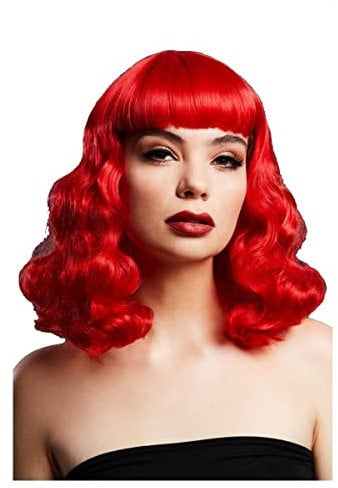 Smiffys Fever Bettie Perücke mit kurzem Pony, Rot, Wellig und schulterlang mit Mittelscheitel, 32cm Halloween
