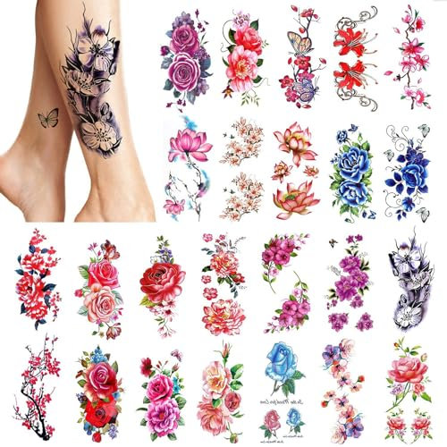 PHOGARY 24 Stück Frauen Temporäre Tattoos (große Blumen), bunte gefälschte Tattoo-Aufkleber, wasserdichte Body Art Aufkleber für Mädchen Arme Beine Schulter Rücken