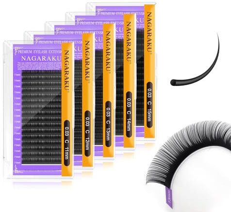 NAGARAKU 5 Trays Eyelash Extensions Supplies Classic 1:1 Lashes Individual Volume Lash Extensions Soft Single Natural Eyelashes Matte Black 16 Rows (0.03mm C Curl 11/12/13/14/15mm in 1 Pack)