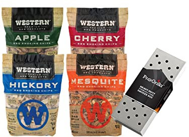 Western BBQ Premium‎ Räucherchips aus Holz (4 Stück) gebündelt mit ProGrilla Räucherbox