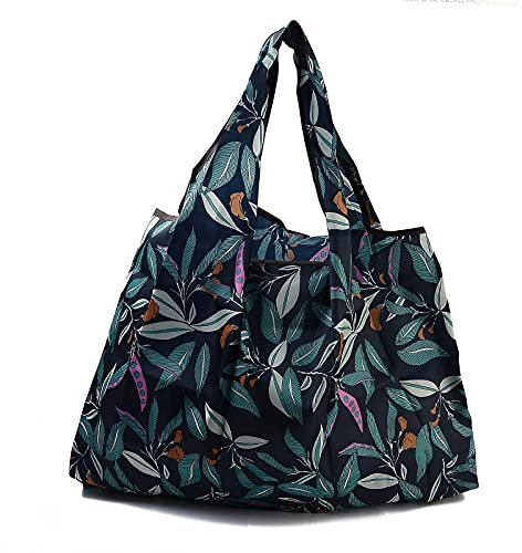 BEEFLYING 3 Stück Faltbare Wiederverwendbare Einkaufstasche Waschbare Nylon-Einkaufstaschen für Lebensmittel Heavy Duty mit Tasche (Blatt-Muster)