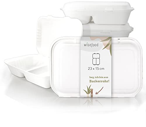wisefood Zuckerrohr Einweg Schalen - 50 Stück Bagasse Menüboxen weiß 850ml - 2 Kammern Lunchboxen mit Klappdeckel für Takeaway - Biologisch abbaubares Zuckerrohr Geschirr ohne PLA/PE 25x16,5x6,5 cm