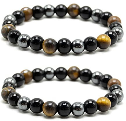 SZCXDKJ Lot de 2 bracelets triple protection - Oeil de tigre, hématite et obsidienne - Apporte chance et prospérité - Unisexe - 16-18 cm