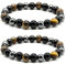 SZCXDKJ Lot de 2 bracelets triple protection - Oeil de tigre, hématite et obsidienne - Apporte chance et prospérité - Unisexe - 16-18 cm