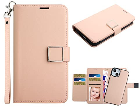 SWP Case for iPhone 14, Detachable Magnetic Wallet Case w/Credit Card Slots [Support Wireless Charging&Magnetic Car Mount] Folio Flip Case Compatible with iPhone 14 (Rose Gold)