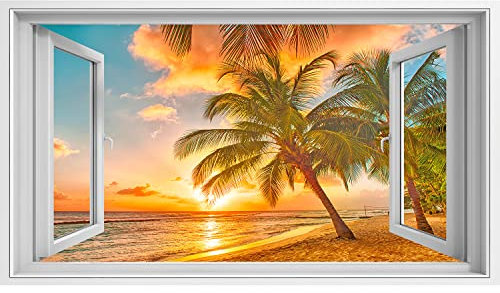 Bild auf Leinwand Fensterblick Wunderschöner Sonnenuntergang über dem Meer mit Blick auf Palmen am weißen Strand auf der Karibikinsel Barba Sagenhafter Effekt Wandbild Leinwandbild XCNZ