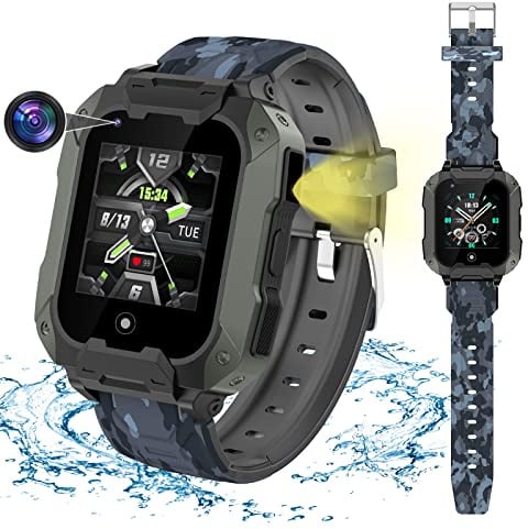 OKYUK Smartwatch für Kinder mit GPS, 4G, wasserdicht und sicher, mit Sprachanruf, SOS-Taschenlampe, Digitalkamera, Wecker (T28, Schwarz)