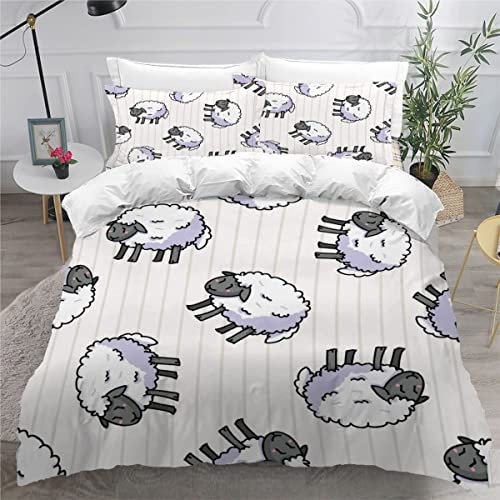 Woowin Bettwäsche 135x200 Süße Schafe Mädchen Jungen Kinder 3D Druck Cartoon-Tiere Bettbezug Weich 100% Mikrofaser Sommer Bettwäsche-Sets 3 Teilig mit Reißverschluss und 2 Kissenbezüge 80x80 cm