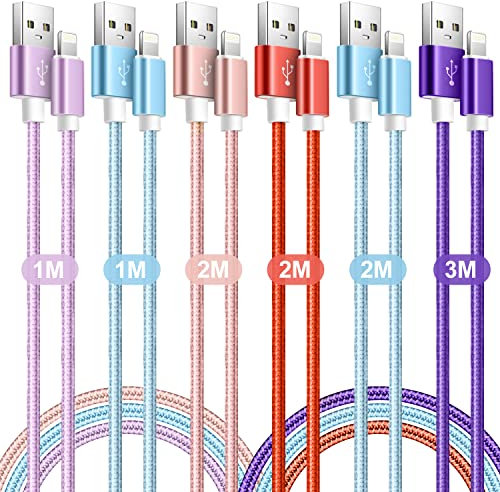 iPhone Ladekabel 6Pack,Apple MFi Zertifiziert Ladekabel 1m 2m 3m Schnellladekabel iPhone Lang Gefärbtes Nylon Lightning Kabel für iPhone 14 13 12 11 Pro Max/XS/XR/X/8/7/6s/6 Plus/5