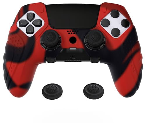 PlayVital Anti-Rutsche Hülle für ps5 Edge Controller,Case Schutzhülle Hülle Skin aus weichem Gummi mit 6 Stück Stick Kappen für PS5 Edge Wireless Controller(Guardian Edition,Rot Schwarz)