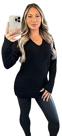 Crazy Fashion Ladies Long Sleeve V-Neck Knitted Cable Women’s Jumper Knitted Sweater Pull Over Jumper Top Knit Warm Winter Chunky Everyday Casual Pullover Plain Tops Black UK 16-18