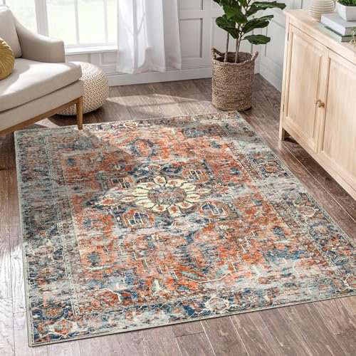Capslpad Retro Kunstwolle Teppich Wohnzimmer 120x180cm Rutschfester Distressed Medaillon Carpet Waschbarer Boho Teppich Kurzflor Schlafzimmerteppich für Wohnzimmer Schlafzimmer Esszimmer Büro Dekor