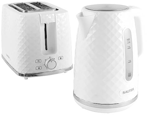 Salter COMBO-8745 Kettle & Toaster Set – White Fast Boil 1.7L Kettle, 2-Slice Wide Slot Toaster, 360 Swivel Base, Limescale Filter, 7 Browning Levels/Defrost/Reheat/Cancel Functions, Glacier, 3kW/930W