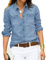 Roskiky Damen Jeanshemd Tunika Langarm Button Down Oberteile Klassisches Blau S