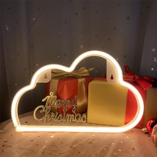 DWOOKE Neon Cloud Light LED Neon Signs for Wall Decor Warm White Neon Light Sign Battery/USB Powered Cloud Neon Sign Neon Wall Light for Room Decor Light Up LED Signs for Bar Party Christmas