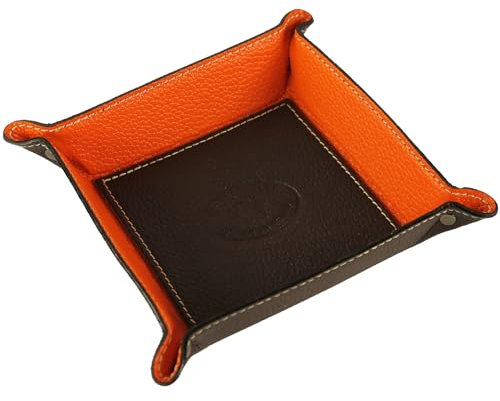 modamoda de - K01 - Dekoschale Taschenleerer Ablage aus Echtleder 16x16x4 cm, Farbe:Dunkelbraun/Orange