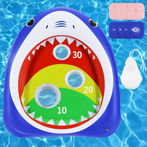 MoKo Ensemble de Jouets Gonflables de Piscine, Planche de Jouet Gonflable en Forme de Requin avec 8 Poufs & 1 Sac de Sable et Corde, Jouets de Natation pour Plage Piscine Enfants Adultes, Multicolore