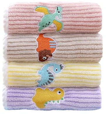 4 Pcs Soft Kids Washcloth Towels with Embroidered, Multicolor Children's Facial Towel, Cotton Baby Face Washer Hand Towels Cute Dinosaurs 25 x 50 CM (a)
