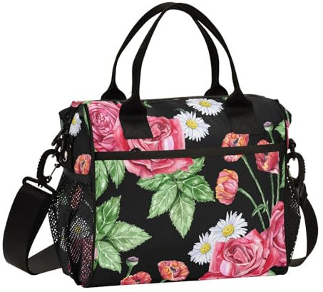 Mnsruu Bolsa de almuerzo aislada, rosas rojas, amapolas, margaritas, lonchera negra para mujer, bolsa térmica reutilizable con correa para el hombro, trabajo, escuela, picnic