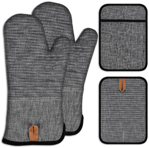 Topflappen Handschuh Set Ofenhandschuhe Hitzebeständige bis 300°C 4er Set Topfhandschuhe mit Anti Rutsch Silikon Gestreift kochhandschuhe für Kochen Backen Oven (Grau)
