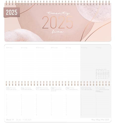 Häfft® Internationaler Wochen-Tischkalender 2025 quer Soft Beige 1 Woche 2 Seiten, Wochenkalender 29,8 x 11,6 cm, mehrsprachiger Schreibtisch-Kalender - nachhaltig & klimafreundlich