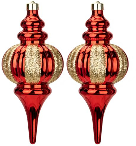 Hollyone 26x11cm Large Christmas Finial Bauble, 2PCS Red & Gold Xmas Ball for Christmas Tree Decorations, Glittery Stripe Baubles Giant Hanging Ornaments for Tree Decor, Wedding, Party, Wreath