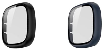 Hülle mit Glas Displayschutz Kompatibel mit Fitbit Versa 3 Smartwatch - Hart PC Schutzhülle Vollschutz Kratzfest Display Schutzfolie Ultradünne Schutz Case für Fitbit Versa 3 (Schwarz+Blau)