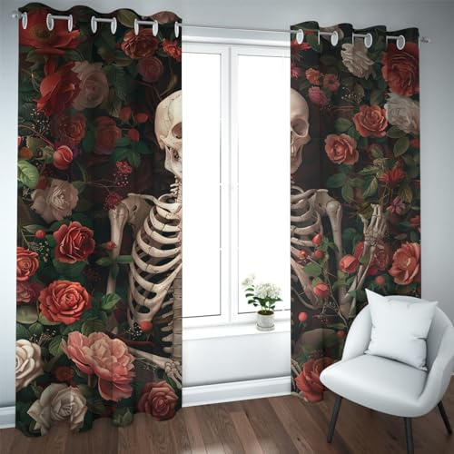 Exotischer Stil Verdunkelungsvorhang Blumen Wohnzimmer Fenster Vorhang Vorhänge Blumen & Totenkopf Muster Öse Sichtschutz Vorhänge 2 Paneele 80x120cm