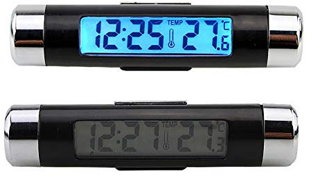 Auto-Uhr-Thermometer, Tonnenförmiges LCD-Display, Lüftungsschlitze, Clip-on-LED, Auto-Digitaluhr, Thermometer, Leuchtende Uhr, Luftauslass-Temperaturanzeige, Kfz-Innenraum (Wie