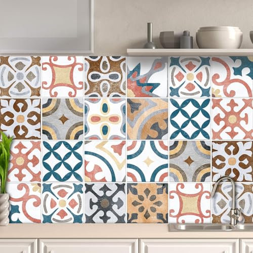 AREDE 32 x Feuilles Mural Stickers Carrelage 2D Imperméables Carreau de Ciment Adhesif, Autocollants Carreaux Dosseret pour Cuisine, Salle de Bain la Décoration à la Maison / 15 x 15 cm / T1062