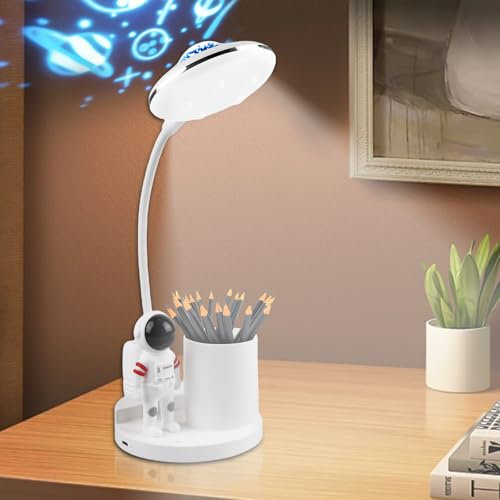 GOMETY Schreibtischlampe Kinder, LED Astronaut Tragbar Tischlampe Schwanenhals Schreibtischlampe mit Projektion und Bleistifthalter Dimmbar Wiederaufladbar Lampe für Student Schlafsaal Studie Lesen