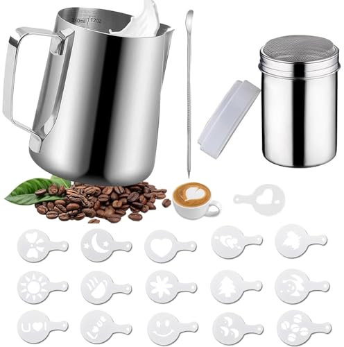 Omtofo 350ml Milchkännchen Edelstahl, Barista Milchkännchen mit Messung Mark und Latte Art Pen, für Espresso, Milchaufschäumer, Cappuccino Milchschau, Latte Art, Kaffeeliebhabe