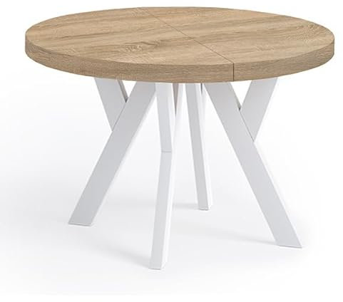 Dekori Möbel Runder Ausziehbarer Tisch für Esszimmer mit Holzbeinen, Pero, Loft-Stil, Skandinavische, Durchmesser Varianten: von 90 bis 220 cm (Eiche Sonoma/Weiß, 120/220 cm)