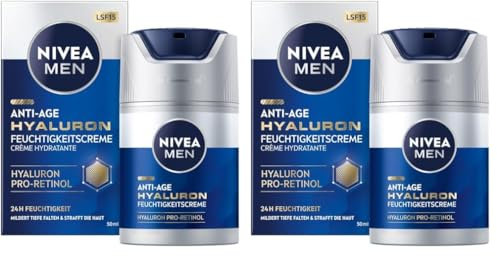 NIVEA MEN Anti-Age Hyaluron Feuchtigkeitscreme, Gesichtspflege mit Hyaluron, Pro-Retinol und LSF 15, Gesichtscreme für 24h Feuchtigkeit und sichtbare Faltenmilderung (50 ml) (Packung mit 2)