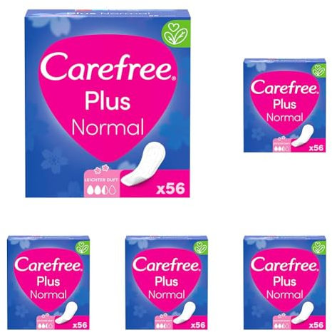 Carefree Slipeinlagen Plus Normal mit leichtem Duft (56 Stück), super saugstarke Slipeinlagen, um Flüssigkeiten sofort einzuschließen, Größe Normal (Packung mit 5)