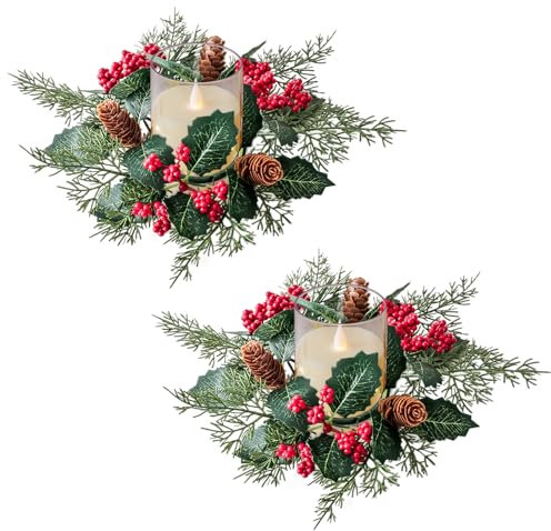 Skeadex Adventskranz KerzenWeihnachten Tischdeko, 2 Stück Kerzenring, Künstliche Weihnachtskranz für Stabkerzen, Kerzenkranz Tannenkranz (B)
