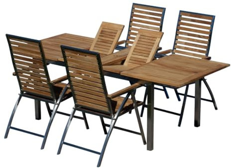 ALEOS. Gartengarnitur Edelstahl Teak Set: Ausziehtisch 160 auf 220 cm + 4 Teak-Edelstahl Hochlehner, Sitzgruppe A-Grade Teak Holz - Gartenmöbel Set 4 Personen Gastronomie Qualität