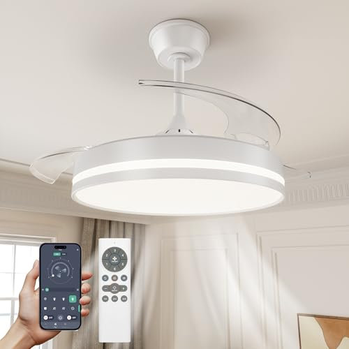 VOLISUN Ventilador de Techo con Luz LED Aspas Retráctiles, Silencioso Motor DC, CCT Regulable, Mando a Distancia y Temporizador - Lámpara Ventilador Moderna para Salón y Dormitorio (Blanco, 106cm)